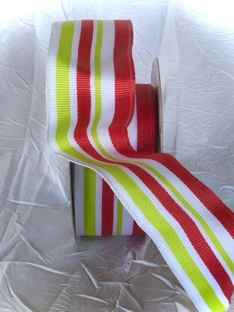 Grosgrain Ribbon Stripe White/Lime/Red 267